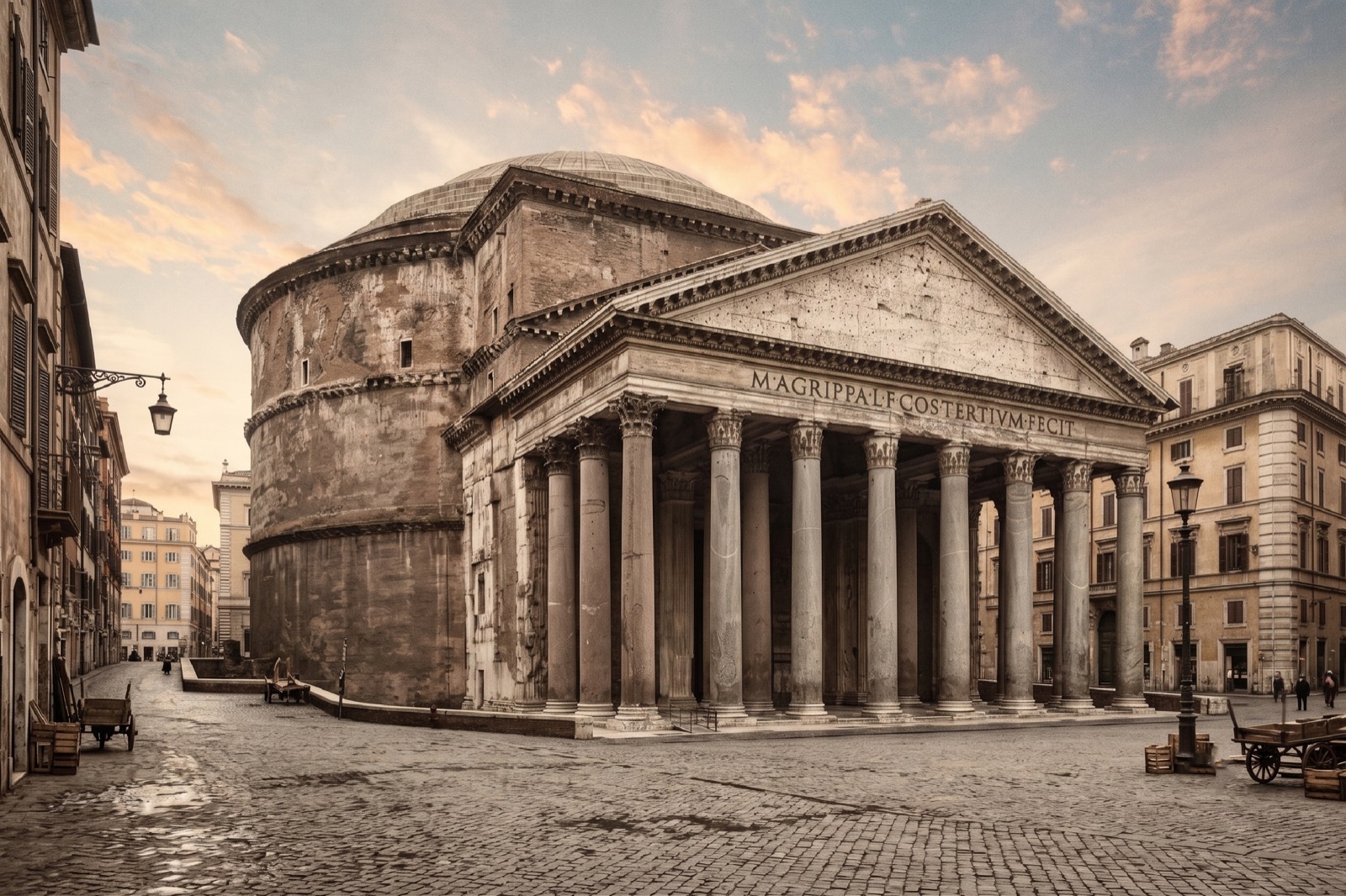 The Pantheon in Rome seen from the piazza — its columned portico and the inscription of Marcus Agrippa, the best-preserved monument of ancient Rome, completed under Hadrian circa 126 CE
